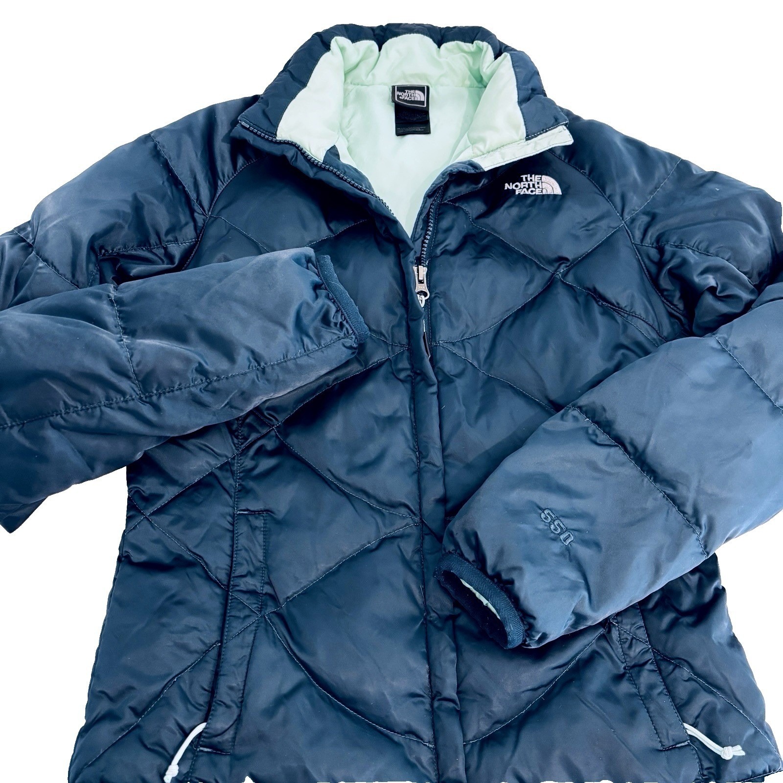 The North Face 550 Goose Down Insulated Puffer Jacket Womens Xs Blue Nylon Shell